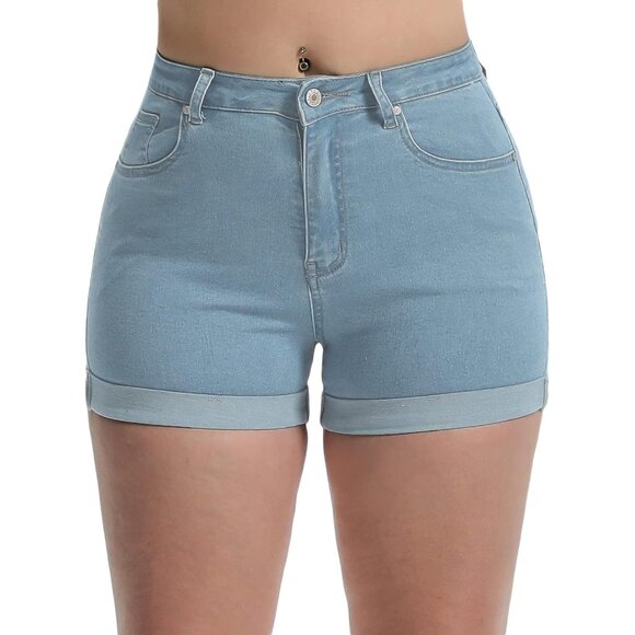 Women's High Waisted Summer Elastic Jean Shorts Folded Hem Hot Denim Shorts - Picture 1 of 5